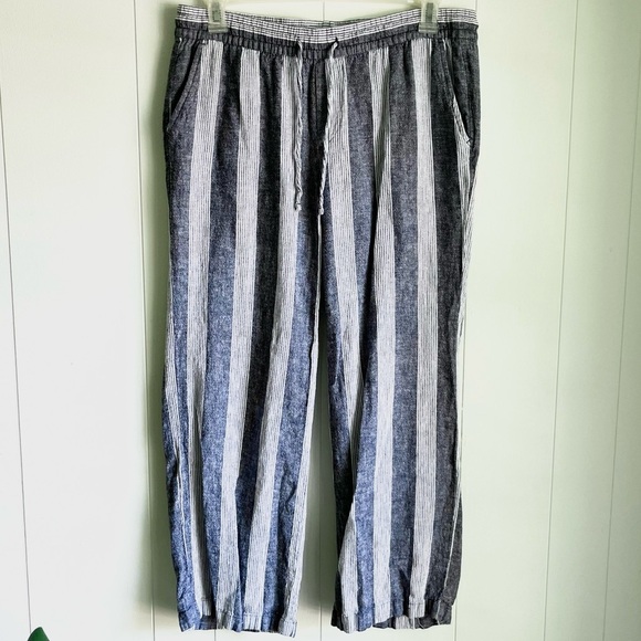 Old Navy Linen Blend Navy Striped Drawstring Pants Sz Lg Lagen Look Coas… - Picture 1 of 7